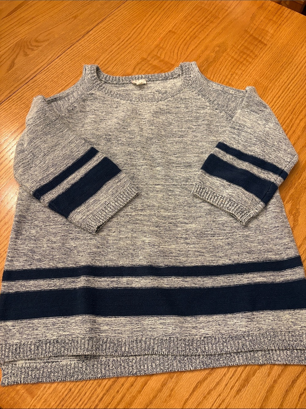 Hem & Thread Gray and Navy Cold-Shoulder Stripe Sweater